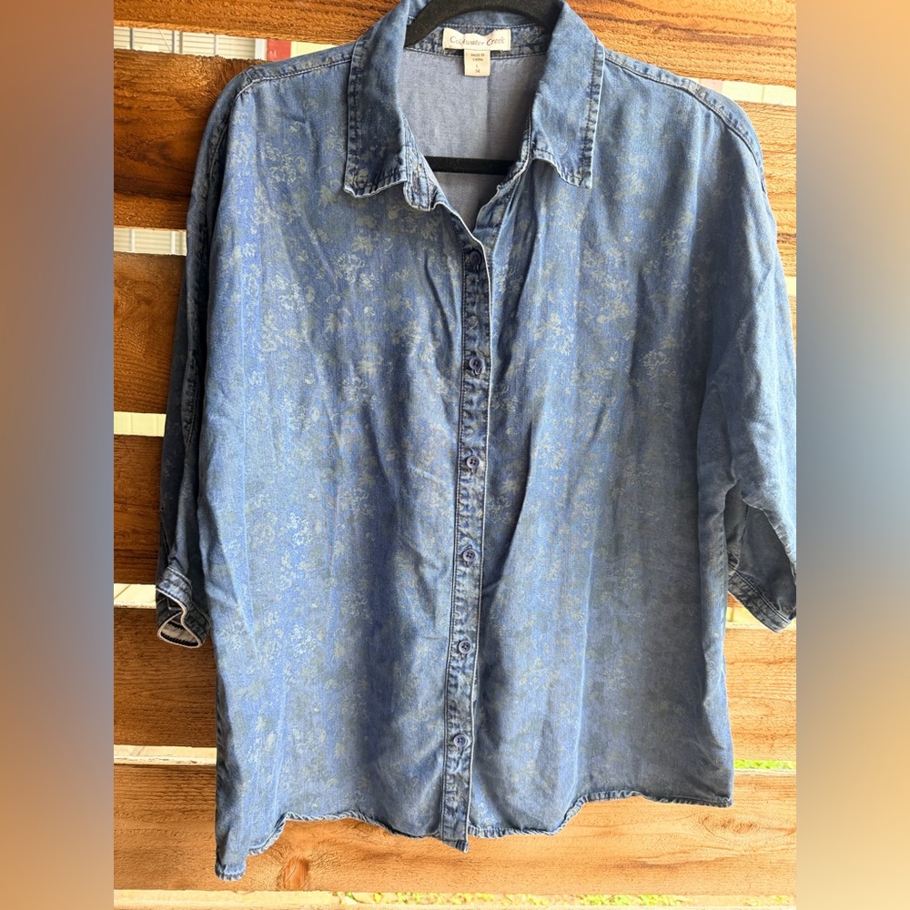 Coldwater Creek Faded Blue Casual Shirt Large 14 💯‎ Tencel 3/4 sleeve bohemian
